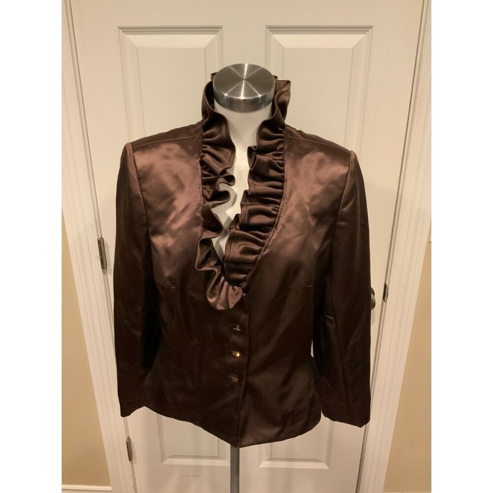 Kay Unger Bronze 100% Satin Silk Ruffle Rollar Jacket, Size 12